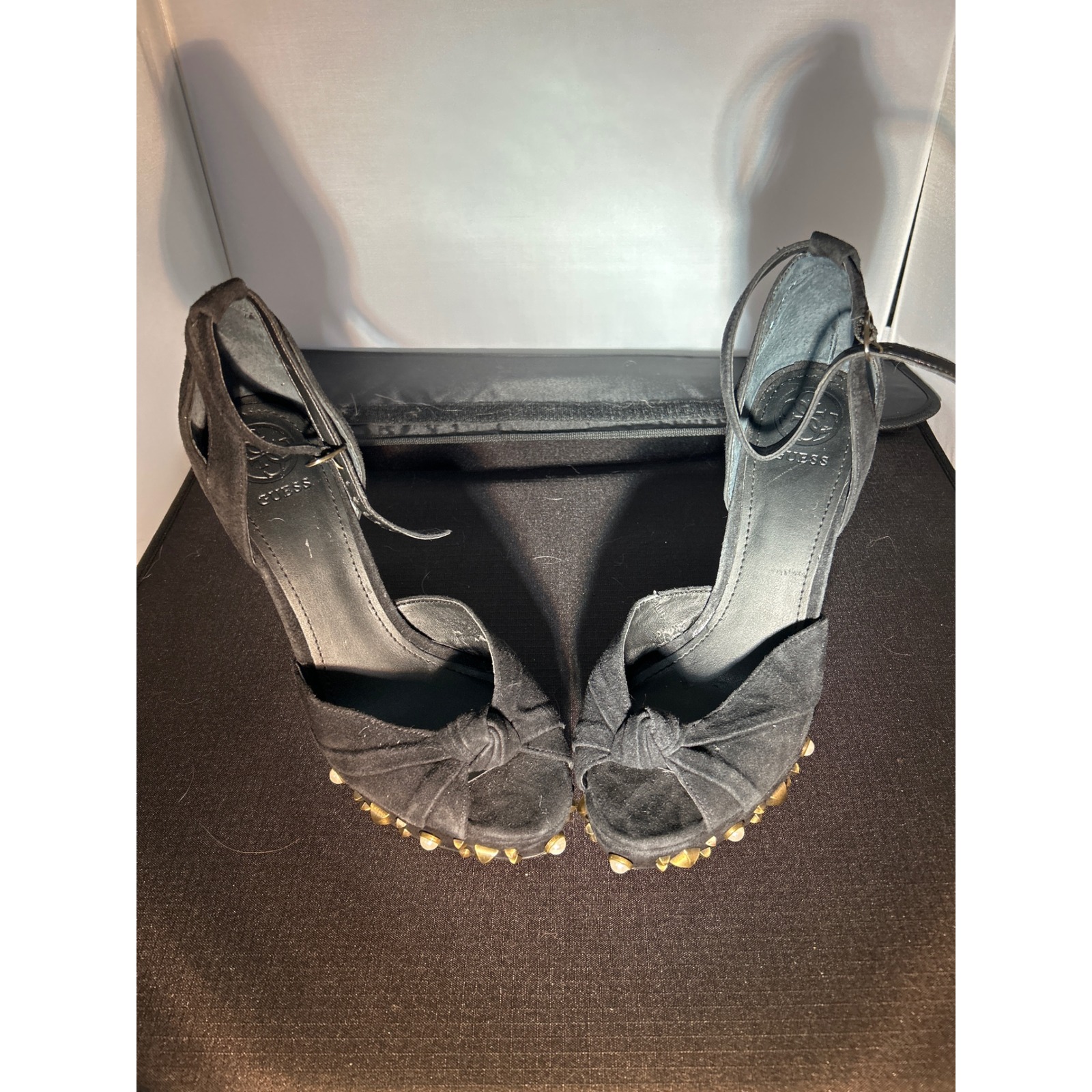 Guess Black Suede Studded Platform Heels Knot Peep Toe Ankle Strap Pumps 8m